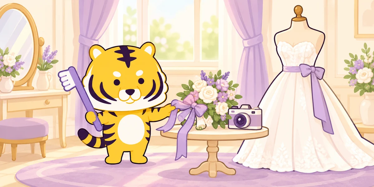 結婚式前にブライダルホワイトニングを行うメリットを表したイラスト（大阪あわじ歯科のトラ）