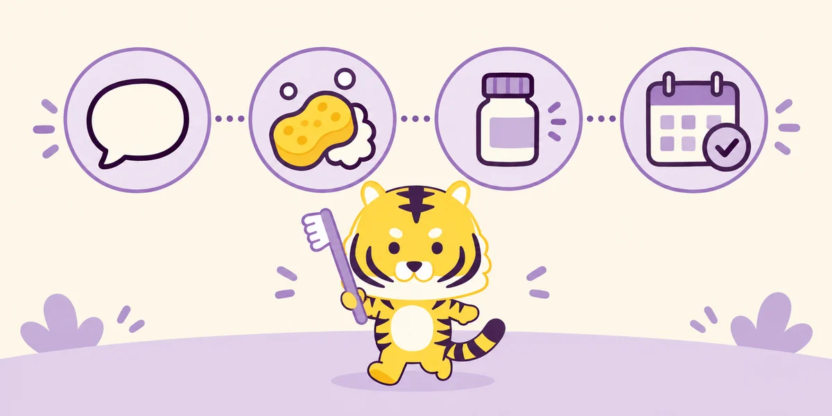大阪あわじ歯科でのホワイトニングの流れを表したイラスト(大阪あわじ歯科のトラ)