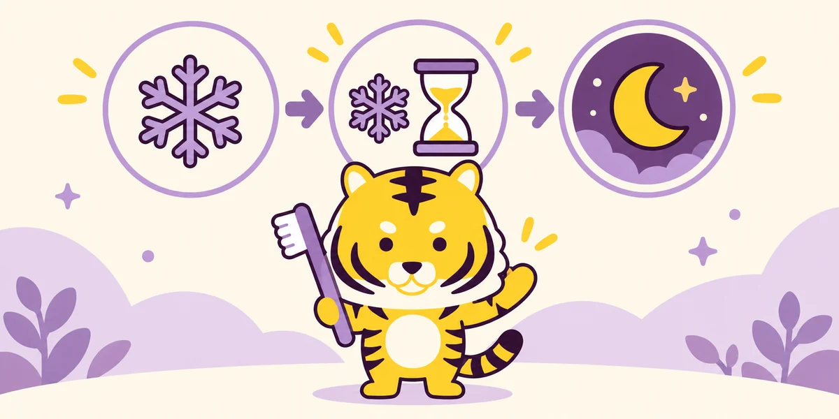 むし歯や神経の炎症では、しみ方が変わっていくを表したイラスト（大阪あわじ歯科のトラ）