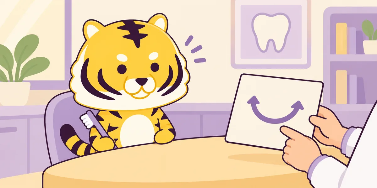 歯科では何をするの?を表したイラスト(大阪あわじ歯科のトラ)
