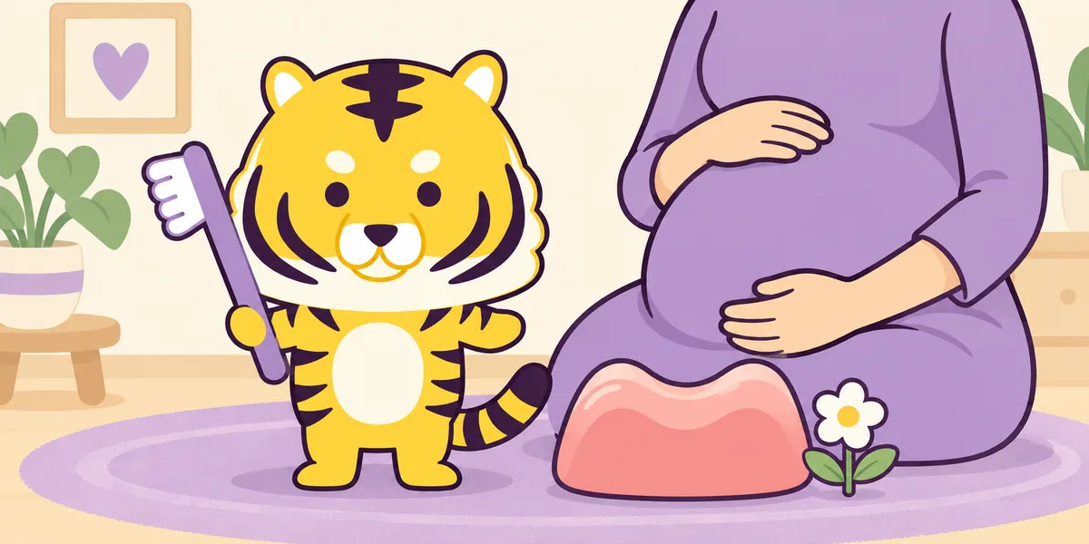 妊娠中に歯ぐきのトラブルが起こりやすい理由を表したイラスト（大阪あわじ歯科のトラ）