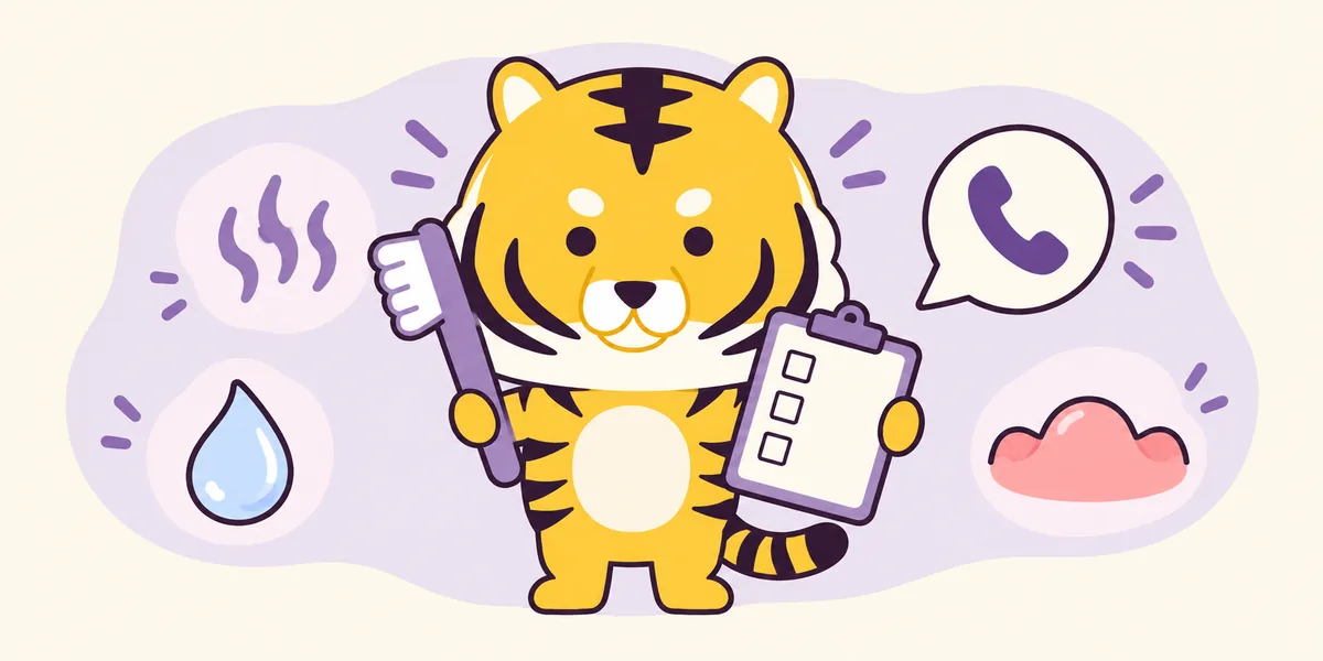 こんな変化があったら、歯科で相談をを表したイラスト（大阪あわじ歯科のトラ）