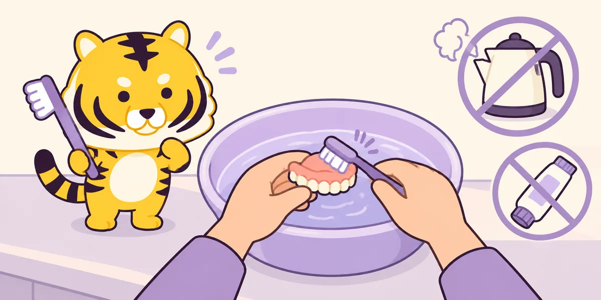 毎日の洗い方と、やってはいけないことを表したイラスト（大阪あわじ歯科のトラ）